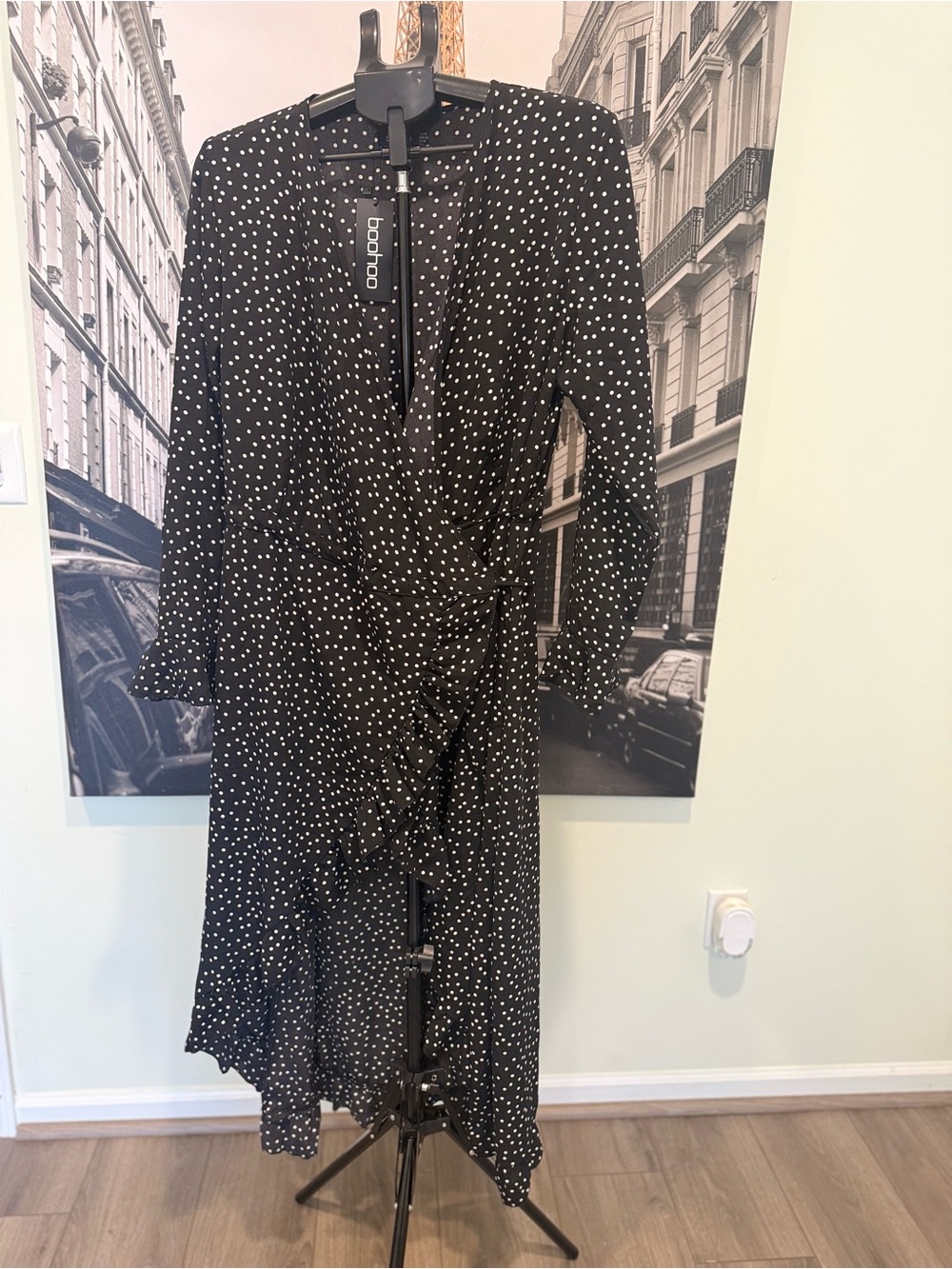 Boohoo Black White Polka Dot Wrap Ruffle Dress US 14 NWT